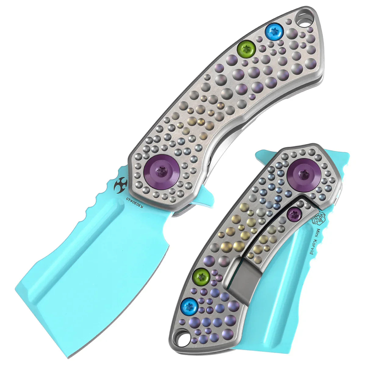 Kansept Mini Korvid 1.45" Light Blue Coating CPM S35VN Gradient Titanium Handle With Dimples K3030A10