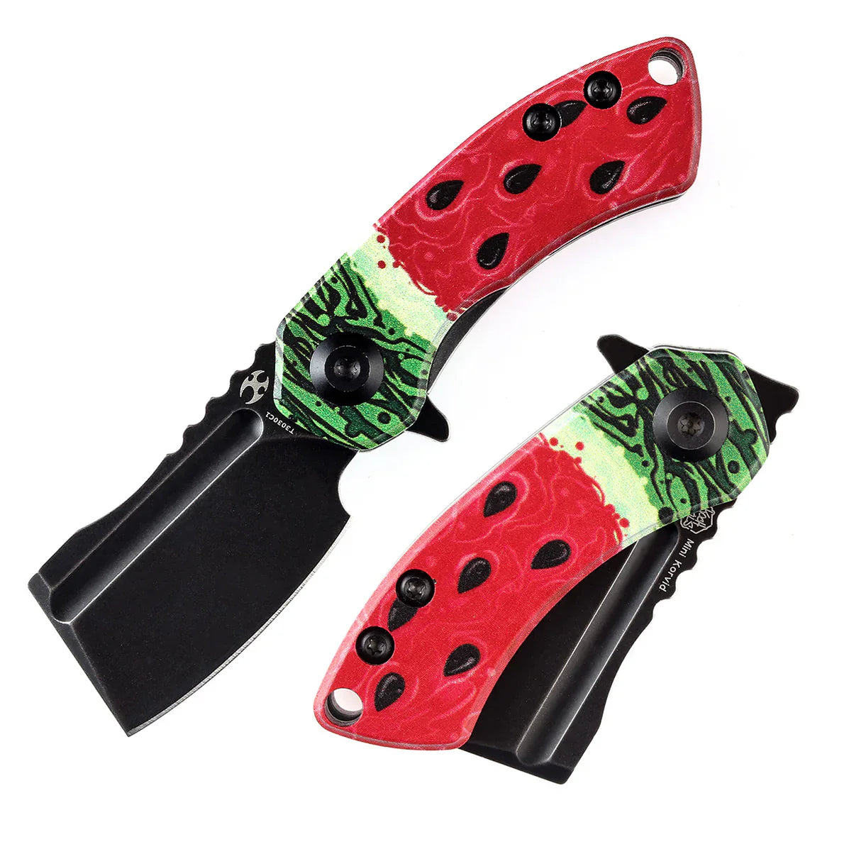Kansept Mini Korvid 1.45" Stonewashed 154CM Jade G10 with Watermelon Print Red T3030C1