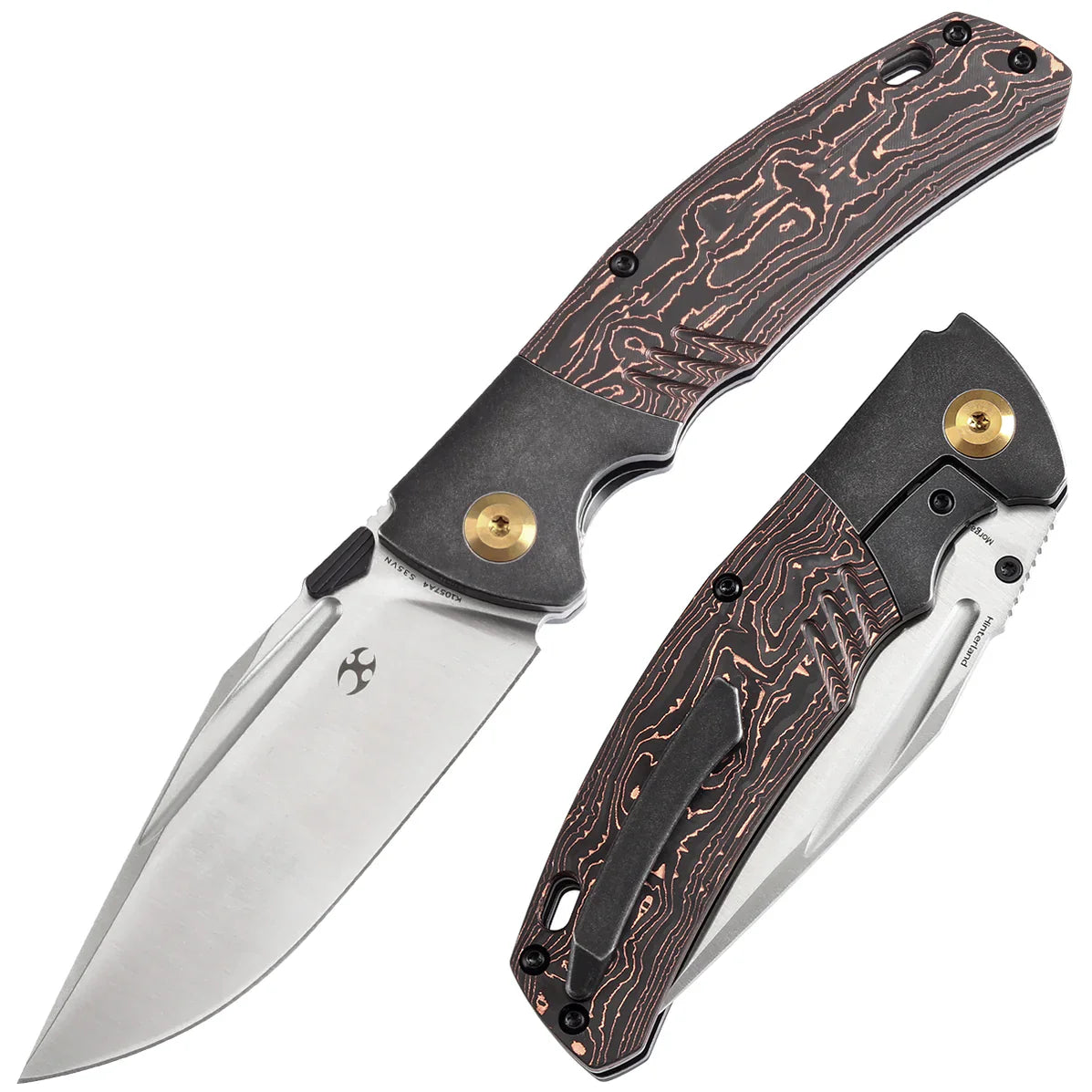 Kansept Hinterland 3.58" Damascus Blackwash Titanium + Copper Carbon Fiber Black,Brown K1057A4