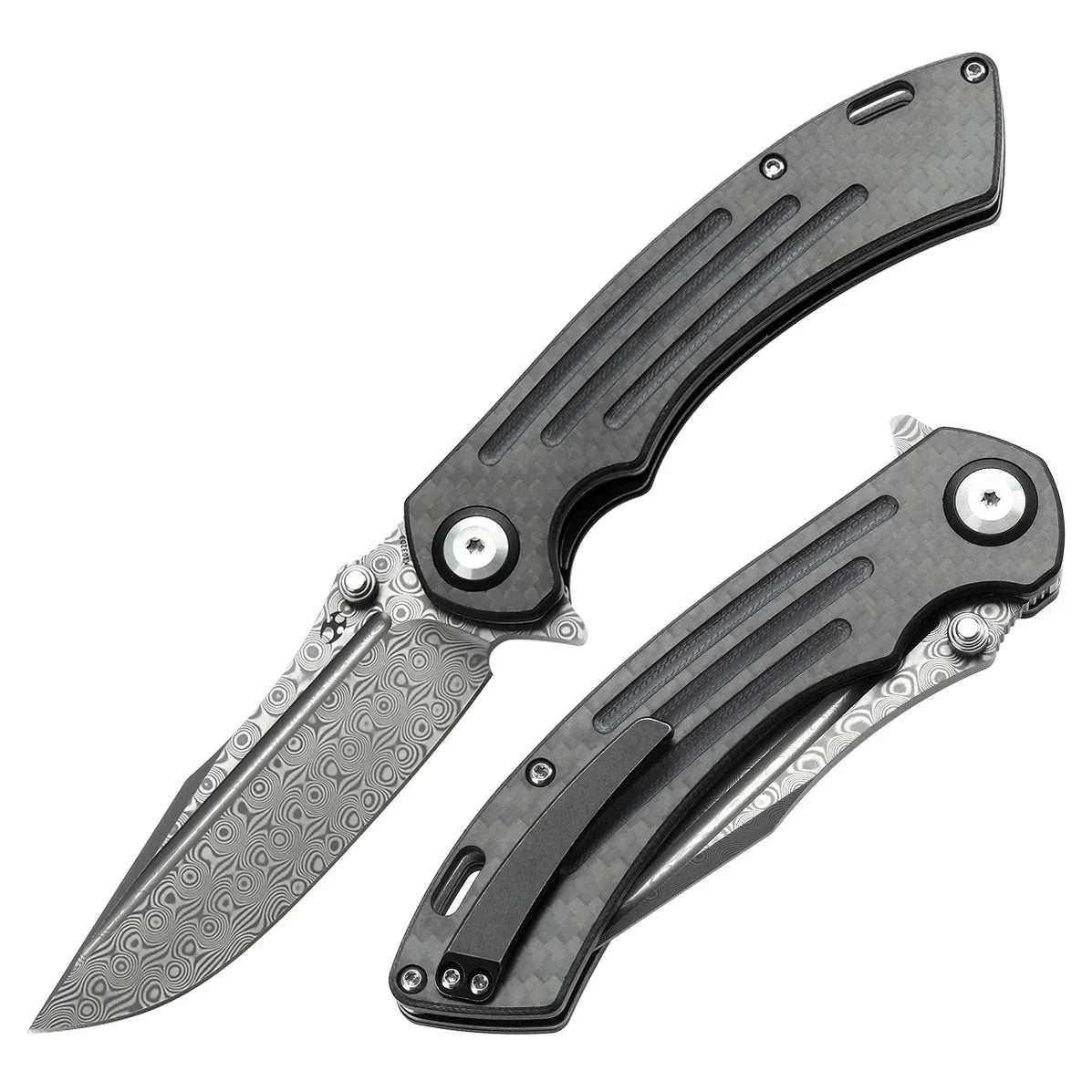 Kansept Pretatout 3.56" Damascus Carbon Fiber,G10 Black K1032D3