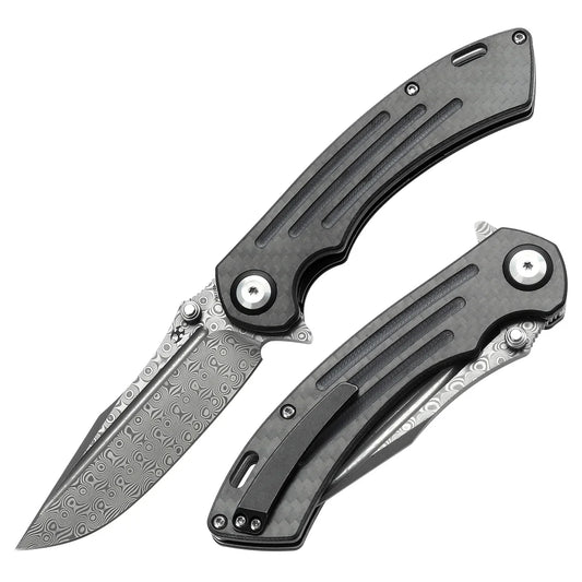 Kansept Pretatout 3.56" Damascus Carbon Fiber,G10 Black K1032D3
