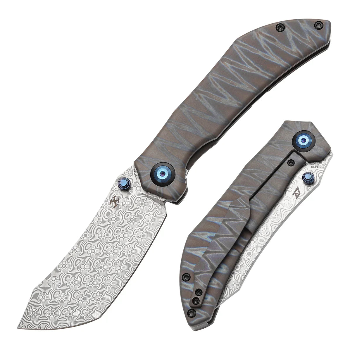 Kansept Tipper 3.38" Damascus Titanium with Tiger Stripe Finish Grey K1079A4