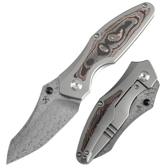Kansept Baba Yaga 3.06" Damascus Bead Blasted Titanium + Copper Carbon Fiber Inlay Yellow, Blue K1074C2