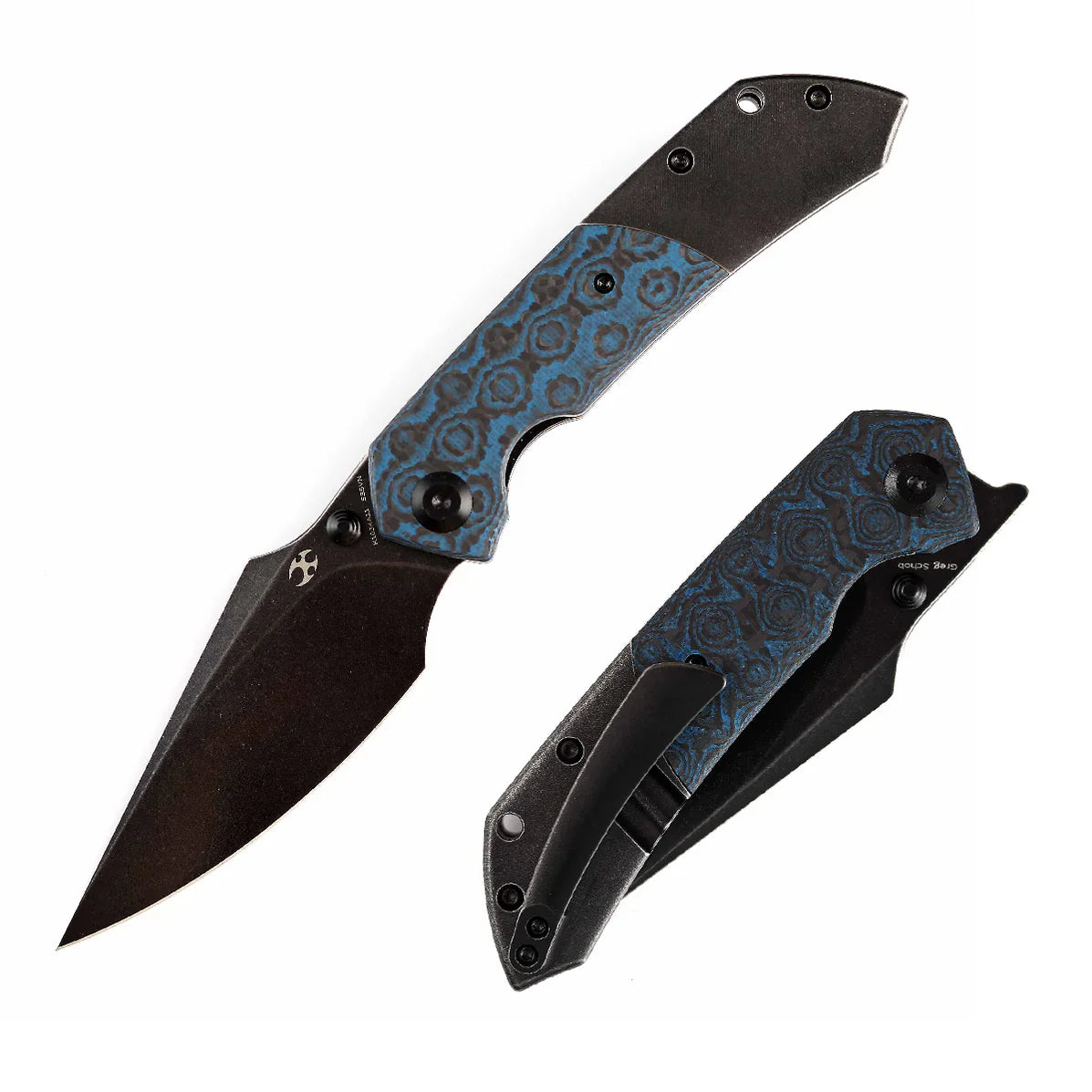Kansept Fenrir 3.48" CPM-S35VN Black Stonewashed Titanium + Rose Pattern Carbon Fiber Blue Black K1034A11