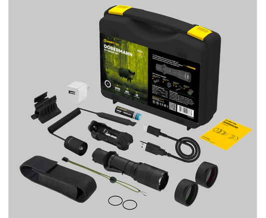 Armytek Dobermann Extended Set / Fully equipped set for tactical tasks:
flashlight, 18650 Li-Ion battery, charger, magnetic mount, remote switch, two color filters