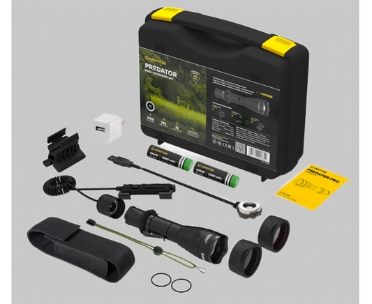 Armytek Predator Pro Extended Set / Fully equipped set for tactical tasks: flashlight, two 18650 Li-Ion batteries, magnetic USB charger, magnetic mount, magnetic remote switch, two color filters