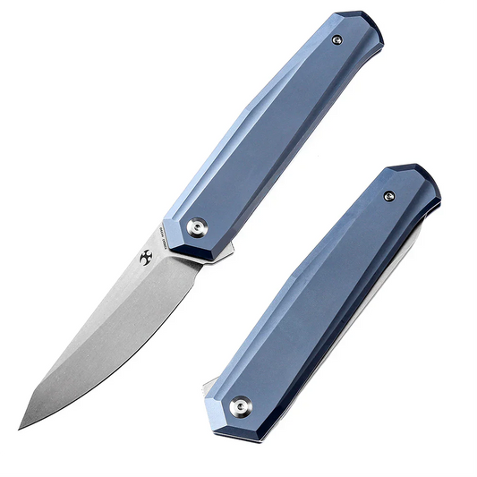 Kansept Integra K1042A3 â€“ 3.63" Stonewashed M390 Drop Point Blade, Blue Anodized Titanium Handle, Frame Lock â€“ Designed by JK Knives