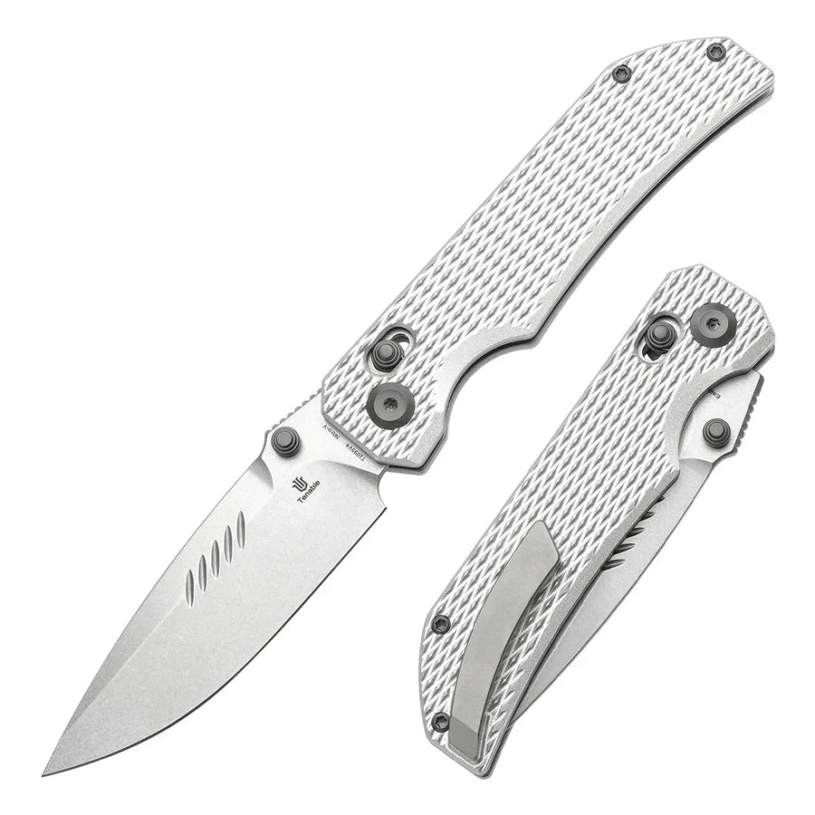 Tenable Eaglestrike T1095V4 – 3.73" Stonewashed Nitro-V Drop Point Blade, Silver Anodized Aluminum Handle with Diamond Pattern