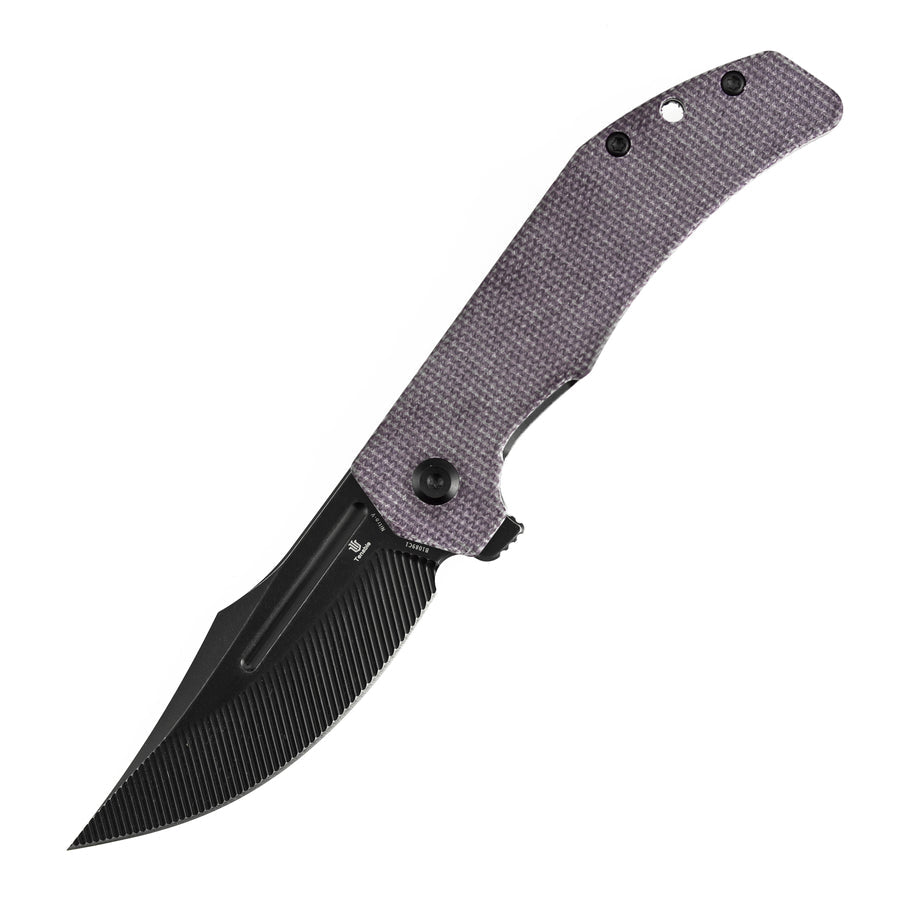 Tenable Orion B1089C1 – 3.07" Blackwash Nitro-V Clip Point Folding Knife, Purple Micarta Handle, Liner Lock, JB Stout Design