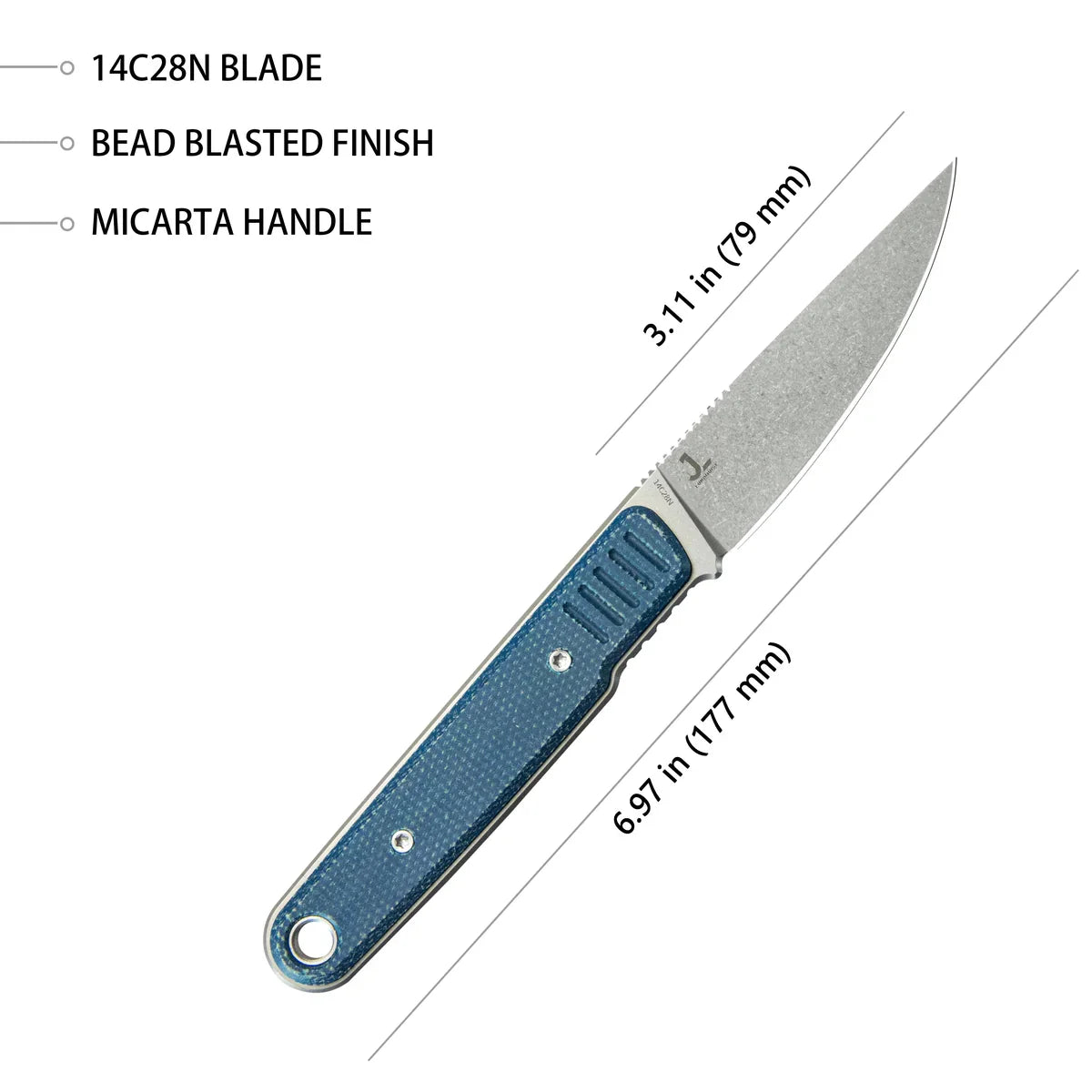 Kubey Knife Drop Point Fixie 3.86" Sandvik 14C28N Blue KUB356B