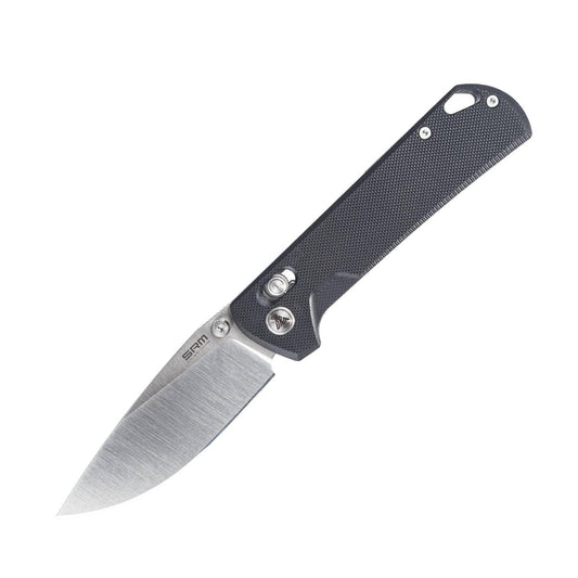 SRM 168L-GB front view – 3.39″ brushed D2 drop point folding knife, black G10 handle