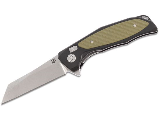 ArtisanCutlery Megahawk Flipper Knife 3.62" Stonewashed D2 Wharncliffe Blade, Black Aluminum Handles with Green G10 Inlays - 1809P-BGN