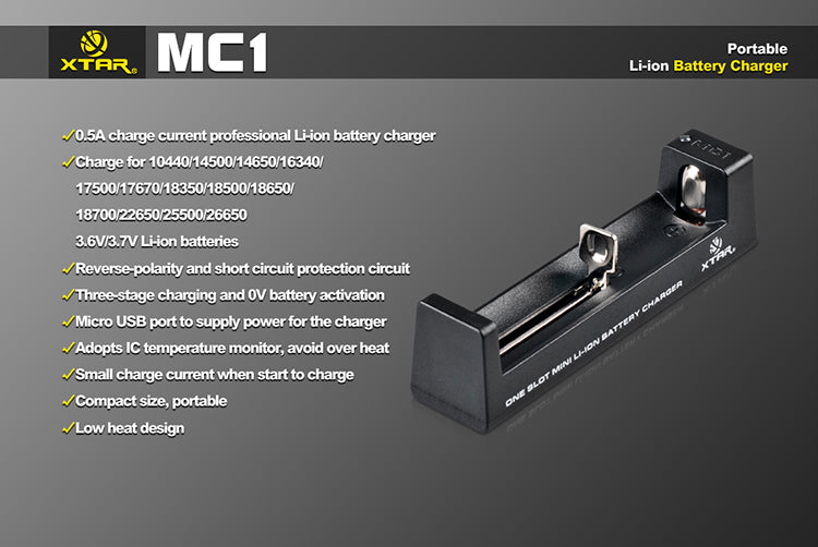 XTAR MC1 Single Bay Lithium Ion Battery Charger.