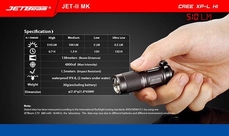 Jetbeam JET-II MK 1 X 16340 510 Lumens CREE XP-L HI LED Flashlight