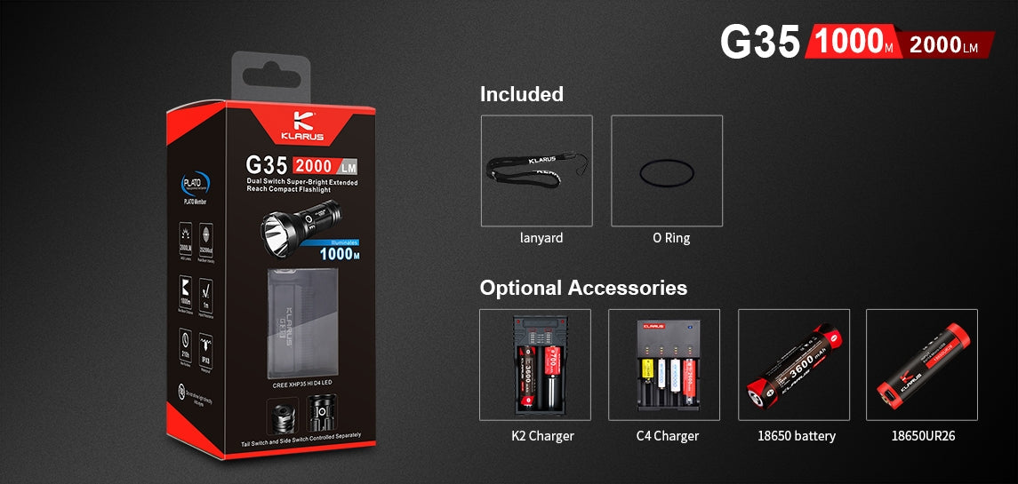 Klarus G35 2000 Lumen 3 X 18650 CREE XHP35 HI D4 LED Flashlight