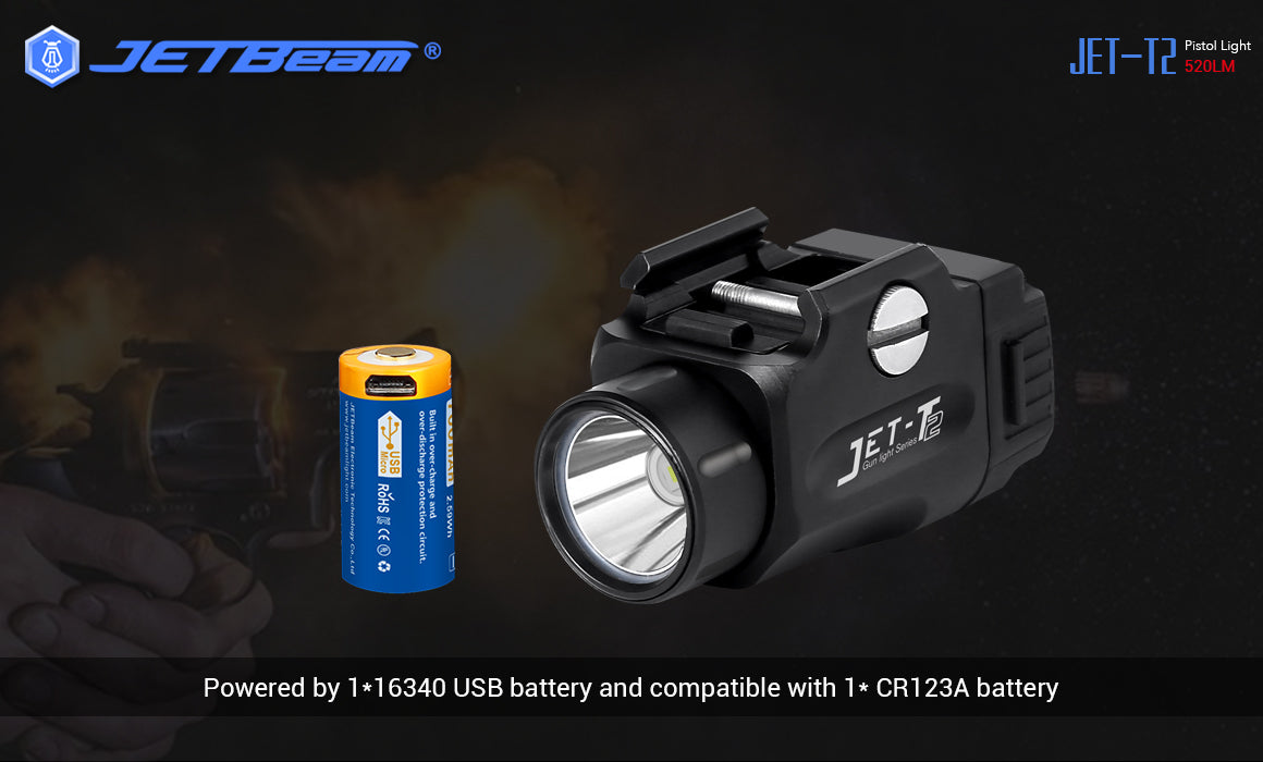 JETBeam T2 520 Lumen Rail Mount Tactical Light 1 x 16340 Micro-USB Rechargeable Battery CREE XP-L HI LED