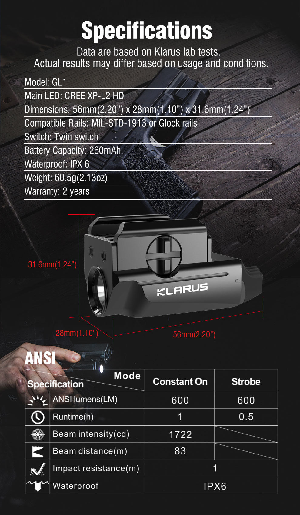 Klarus GL1 600 Lumen Micro-USB Rechargeable Tactical Light