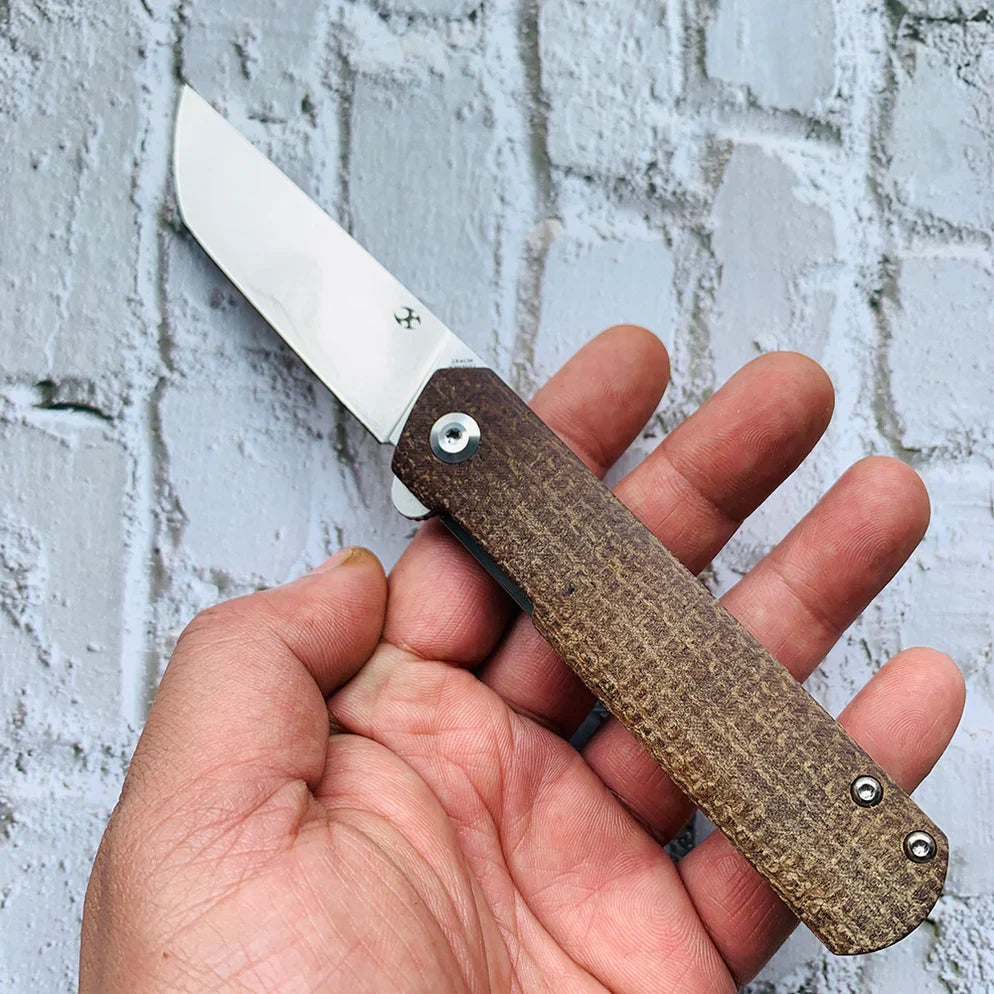 Kansept Foosa X2020T1 – 3.06" Stonewashed 154CM Tanto Blade, Brown Micarta Handle, Liner Lock – Designed by Rolf Helbig