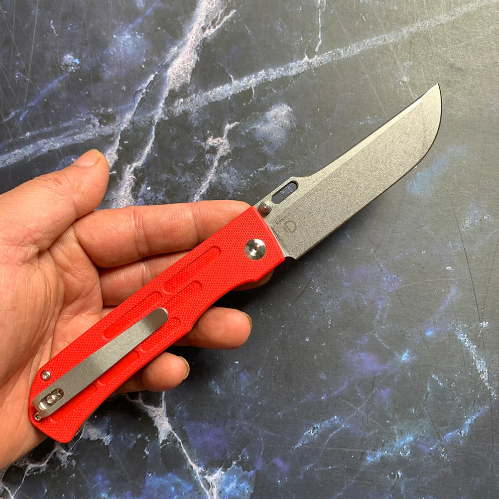Kansept Reedus T1041A2 – 3.5" Stonewashed 154CM Clip Point Blade, Red G10 Handle, Liner Lock – Designed by D.O.C.K.