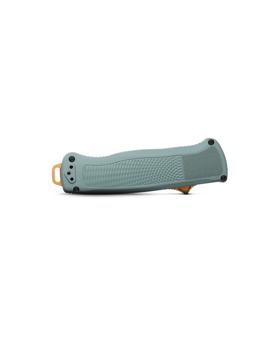 Benchmade Shootout 5370BK-07 sage green Grivory handle with gold anodized slide button