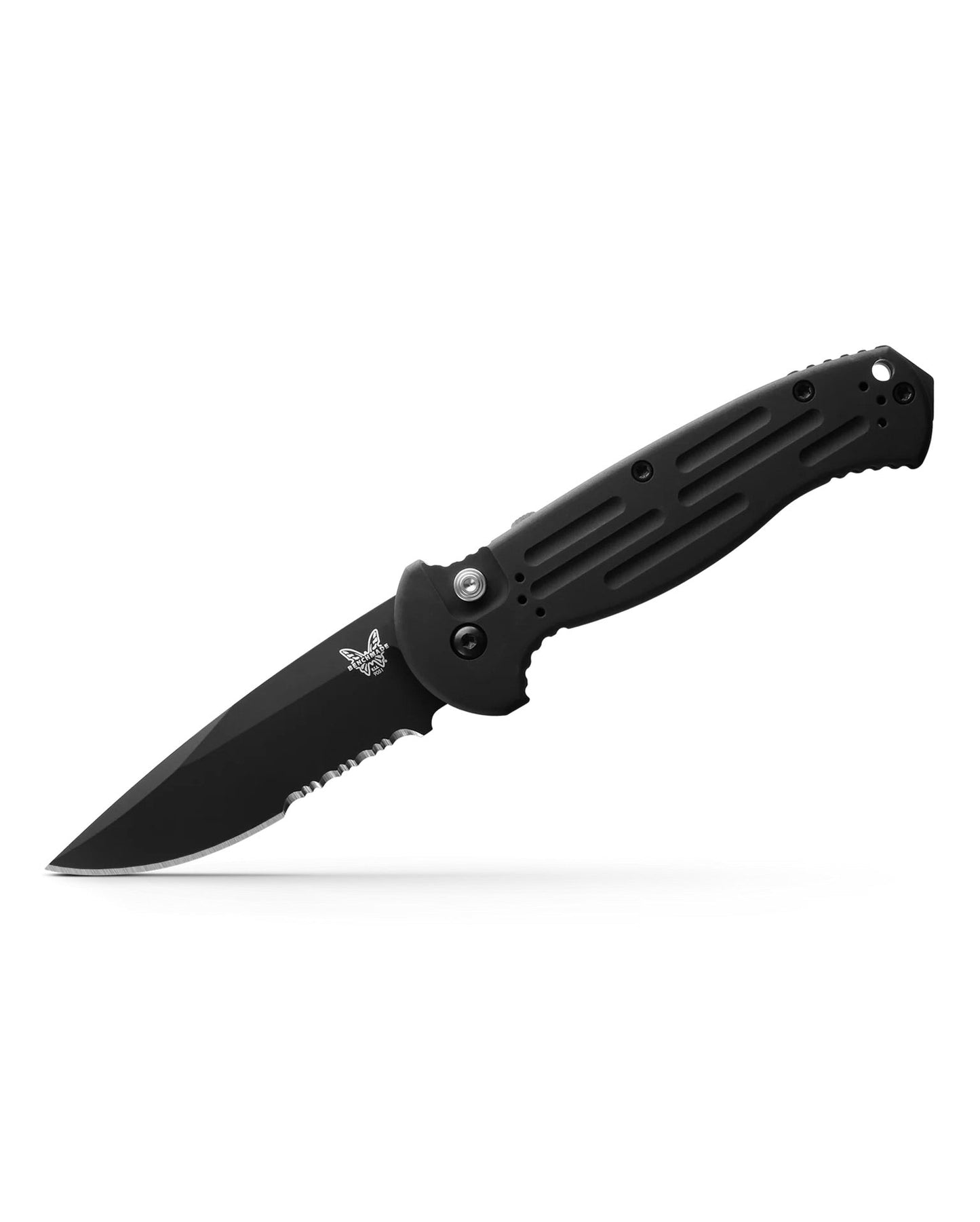 Benchmade AFO II 9051SBK front view – 3.56″ black 154CM serrated drop-point automatic knife