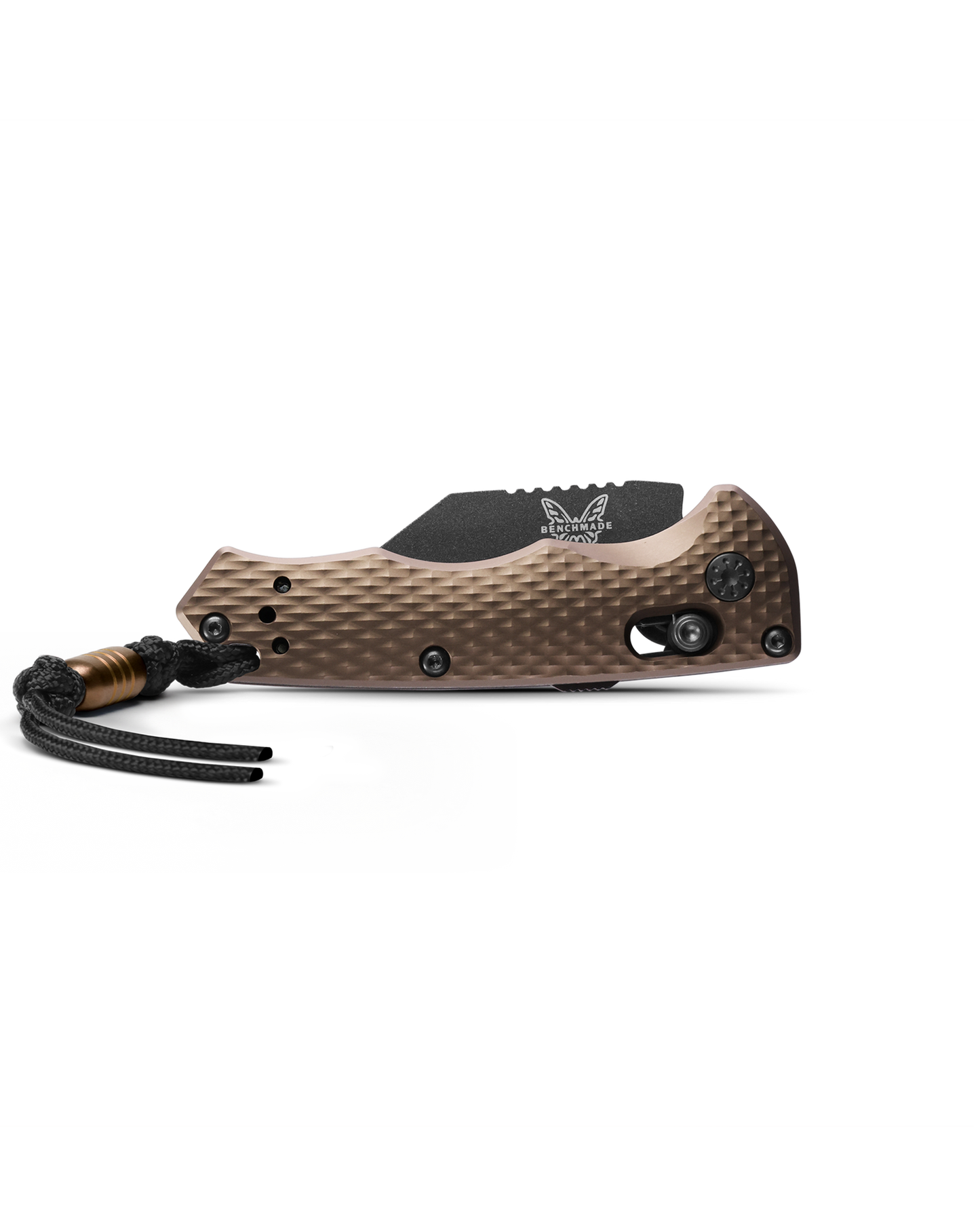 Benchmade Partial Immunity 2950BK-1 closed view with lanyard – Flat Dark Earth aluminum handle