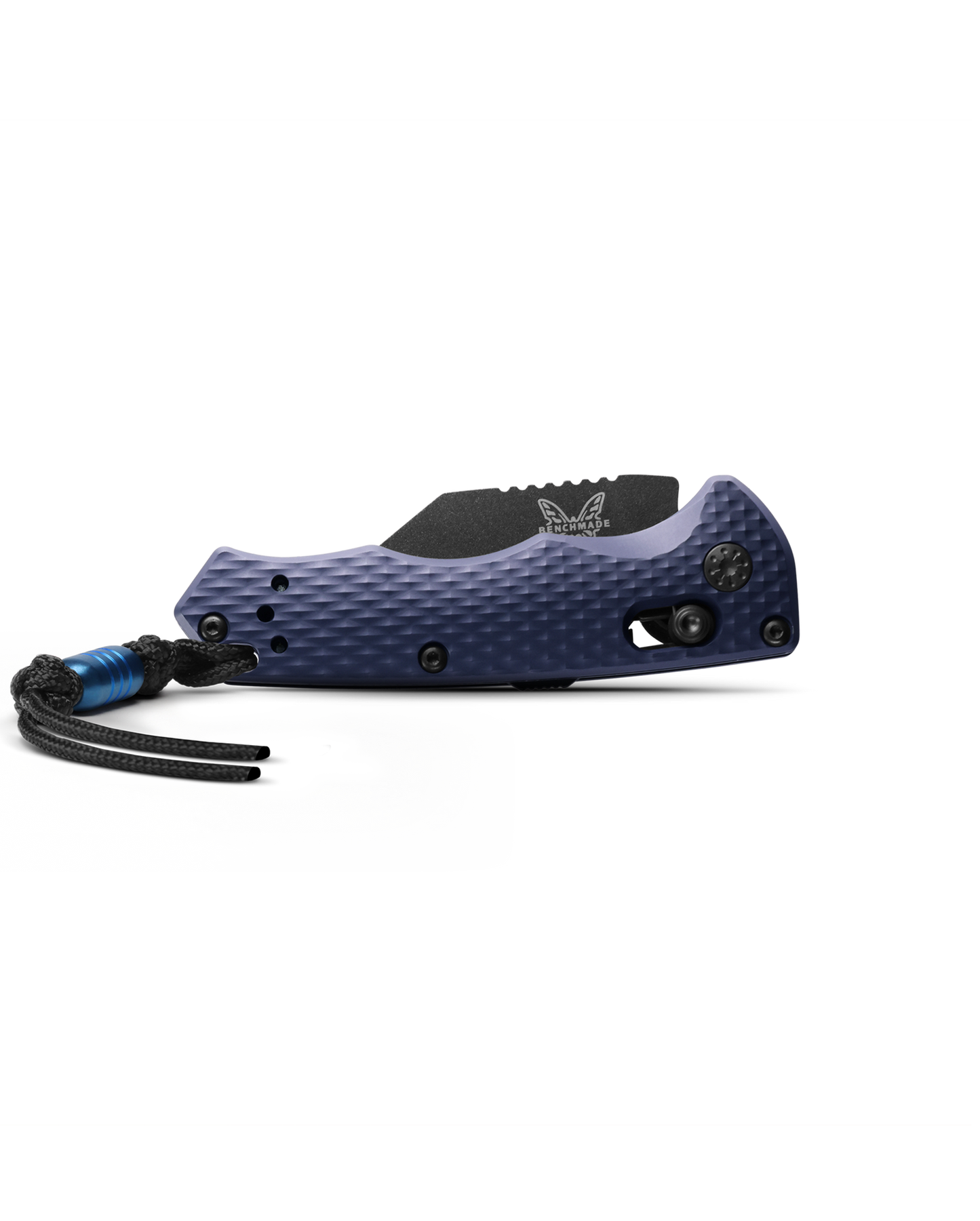 Benchmade Partial Immunity 2950BK closed view with lanyard – Crater Blue aluminum handle
