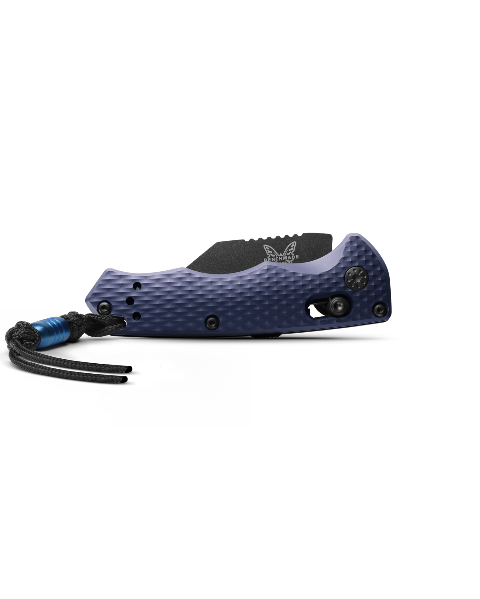 Benchmade Partial Immunity 2950BK closed view with lanyard – Crater Blue aluminum handle