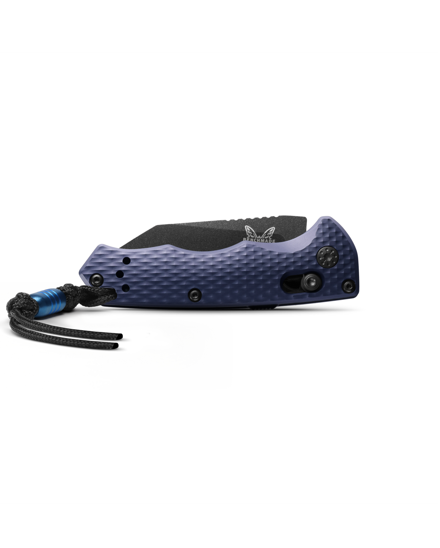 Benchmade Auto Immunity 2900BK closed view with lanyard – Crater Blue aluminum handle