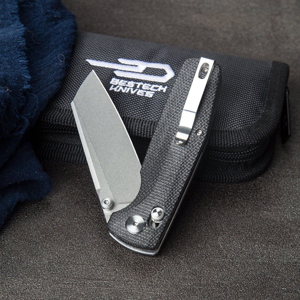Bestech Slasher Folding Knife 2.88in D2 Steel Blade Black Canvas Micarta Handle - BG43A-1