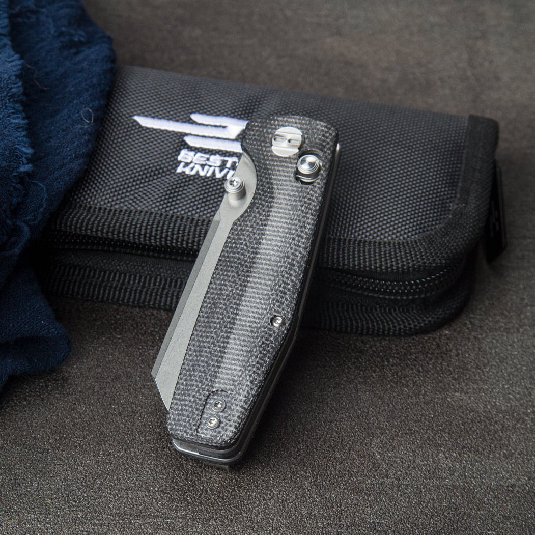 Bestech Slasher Folding Knife 2.88in D2 Steel Blade Black Canvas Micarta Handle - BG43A-1