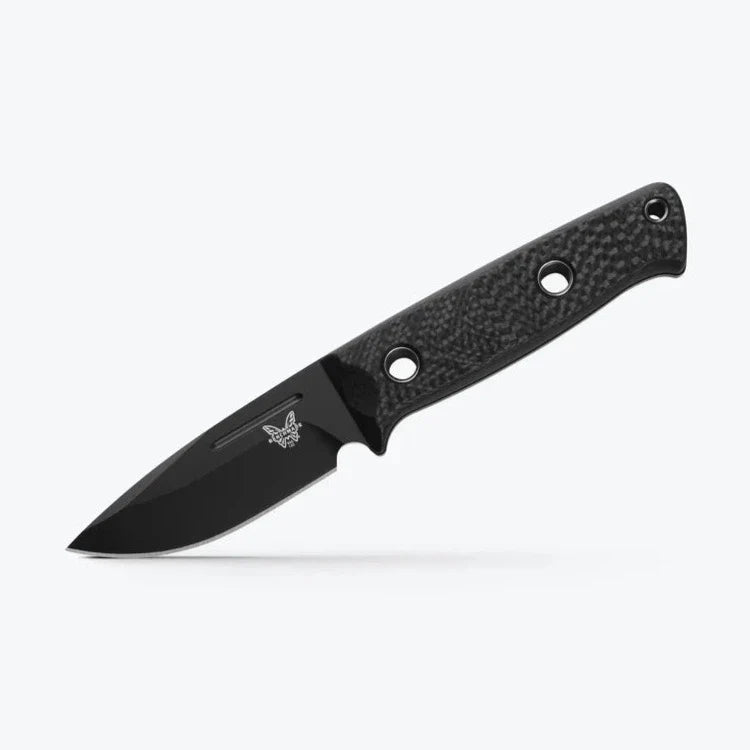 Benchmade 165BK Mini Bushcrafter front view – 3.38″ black CPM-CruWear drop point fixed blade knife