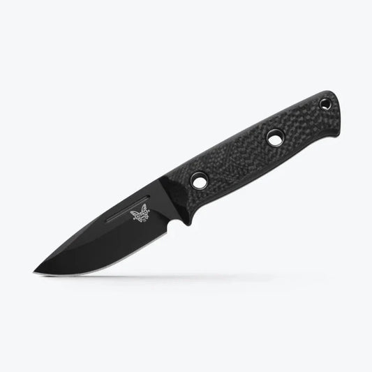 Benchmade 165BK Mini Bushcrafter front view – 3.38″ black CPM-CruWear drop point fixed blade knife