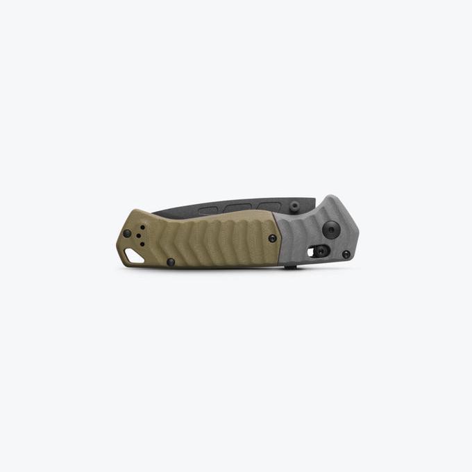 Benchmade PSK 593BK open position showing CPM-MagnaCut drop point blade and Gray and OD Green G10 handle