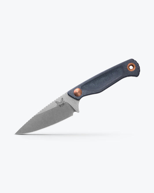 Benchmade 203 Dacian front view – 3.54″ satin CPM-MagnaCut spear point fixed blade, Blue Denim Micarta