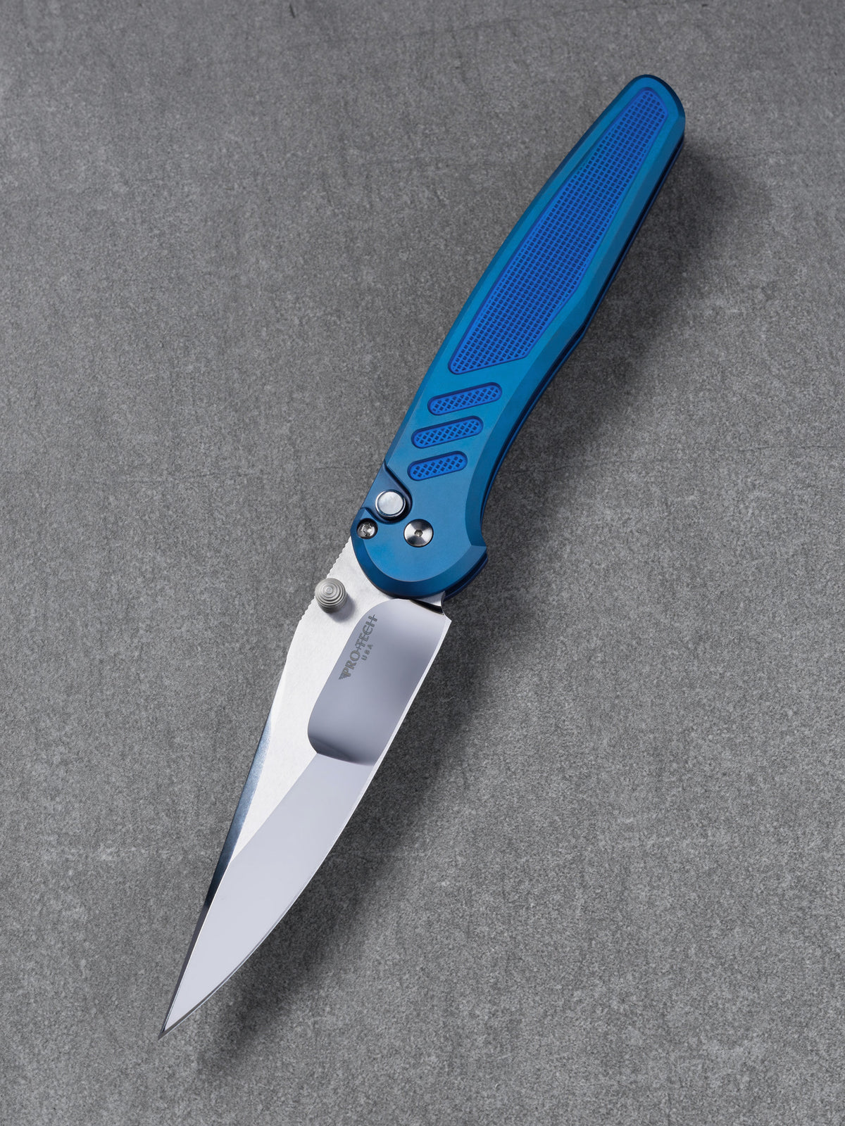 Pro-Tech Avalon 2026 Custom 011 front view – 4.25" Mike Irie mirror polished 154CM drop point, sapphire blue PVD knurled 17-4 steel handle
