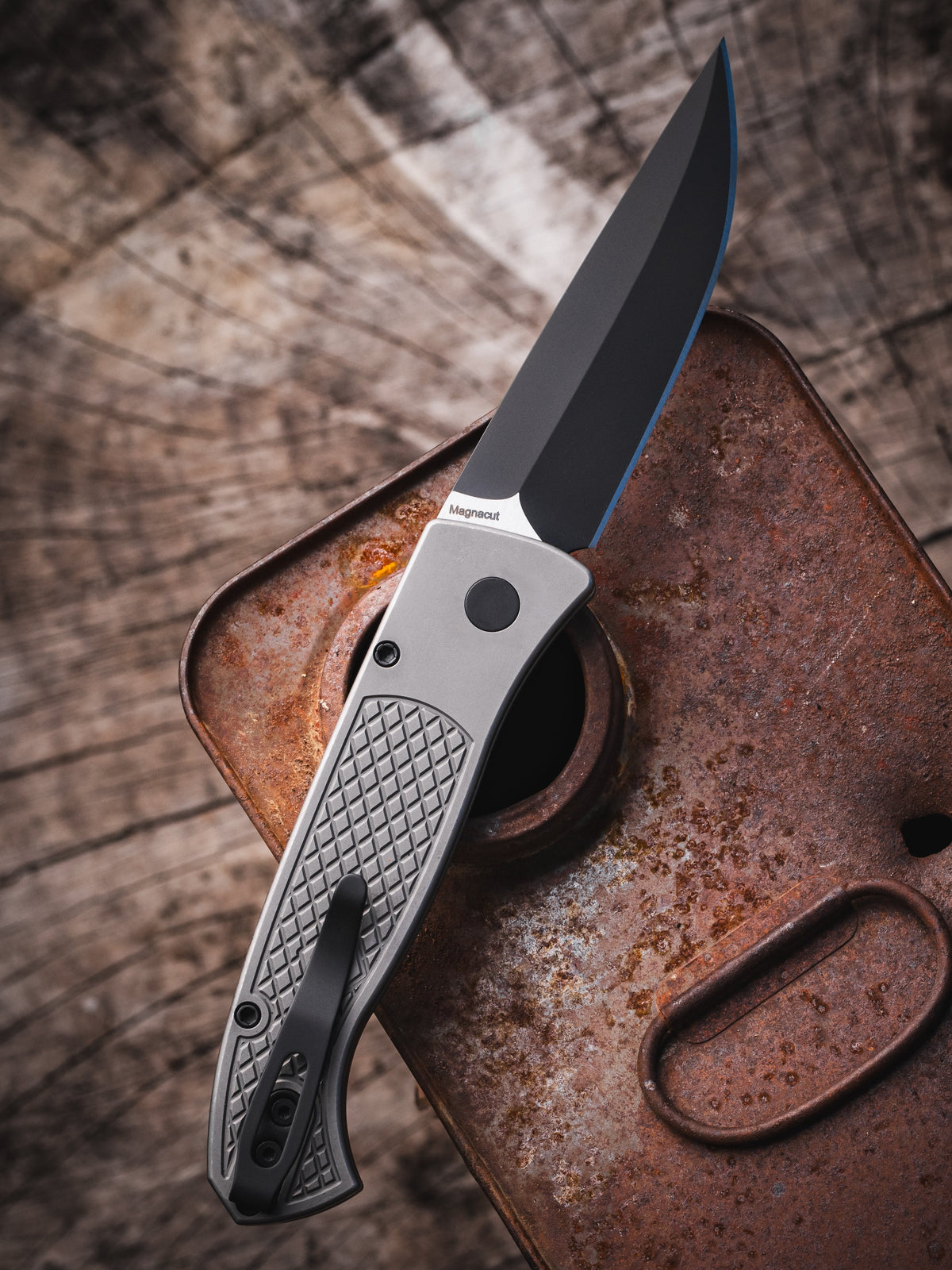 Pro-Tech Brend Classic 2026 Custom 003 blade detail – two-tone DLC MagnaCut drop point with satin flats