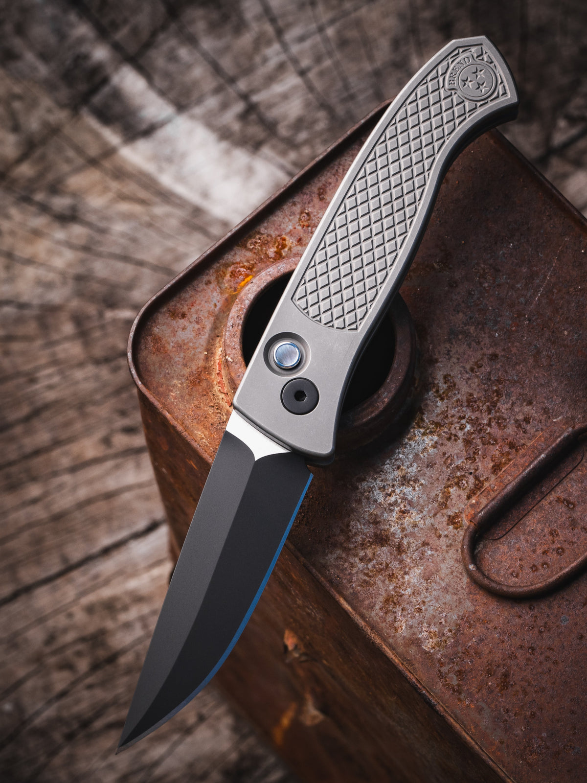 Pro-Tech Brend Classic 2026 Custom 003 front view – blasted/tumbled 17-4 steel textured handle automatic knife