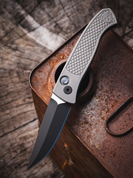 Pro-Tech Brend Classic 2026 Custom 003 front view – blasted/tumbled 17-4 steel textured handle automatic knife