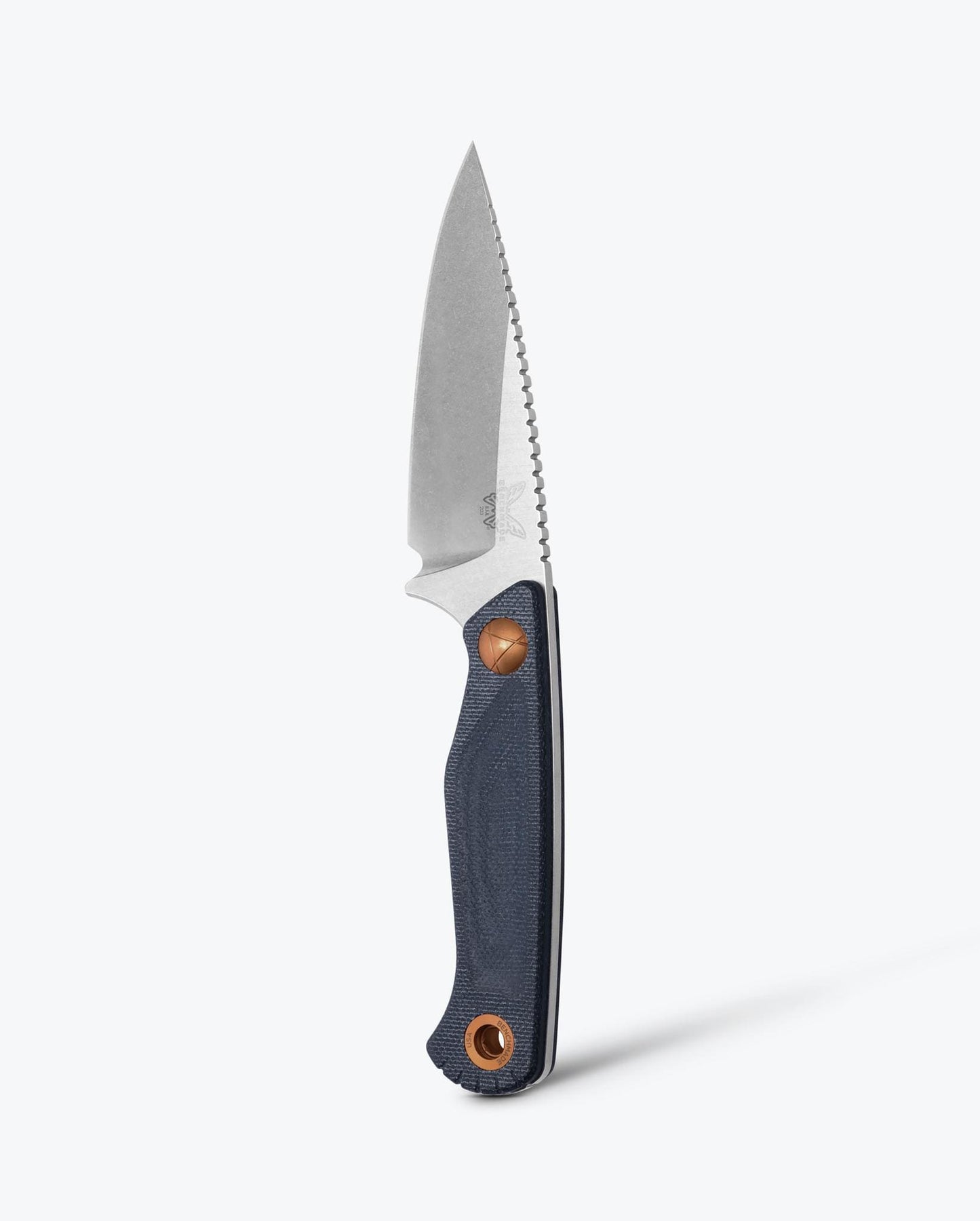 Benchmade Dacian 203-04 front view – 3.54″ CPM-MagnaCut satin spear point fixed blade, Blue Denim Micarta