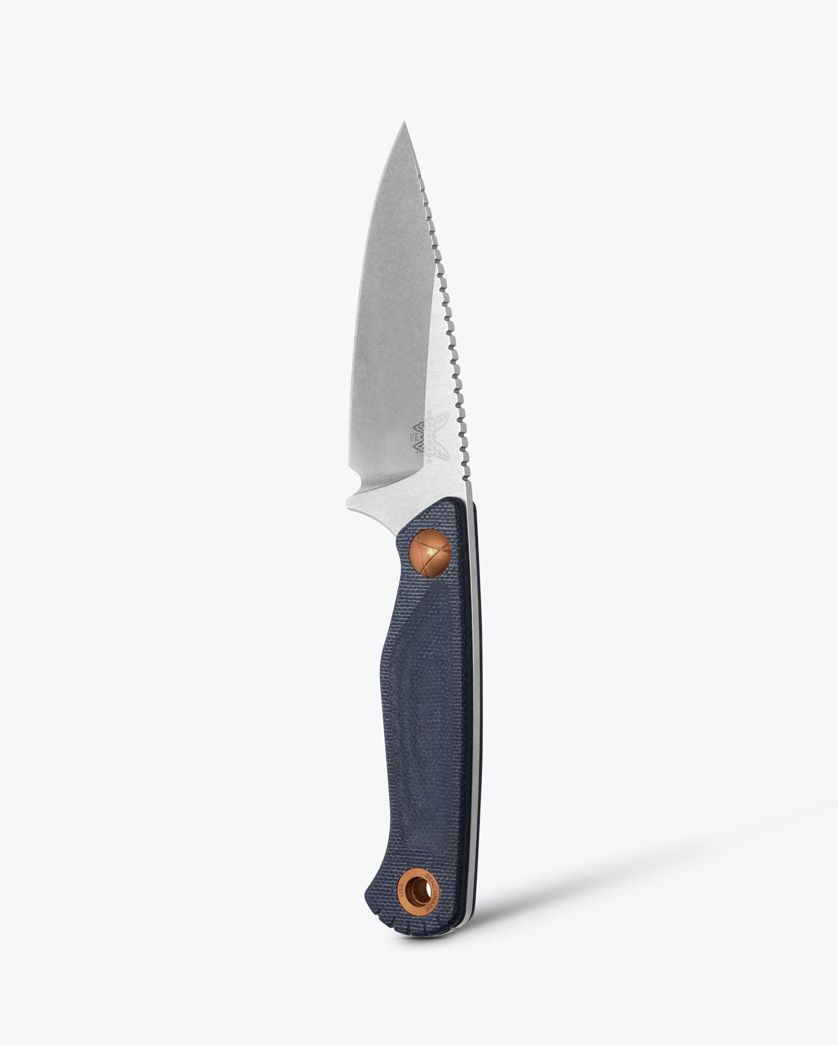 Benchmade Dacian 203-04 front view – 3.54″ CPM-MagnaCut satin spear point fixed blade, Blue Denim Micarta