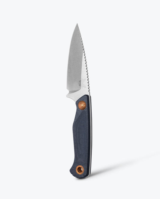 Benchmade Dacian 203-04 front view – 3.54″ CPM-MagnaCut satin spear point fixed blade, Blue Denim Micarta