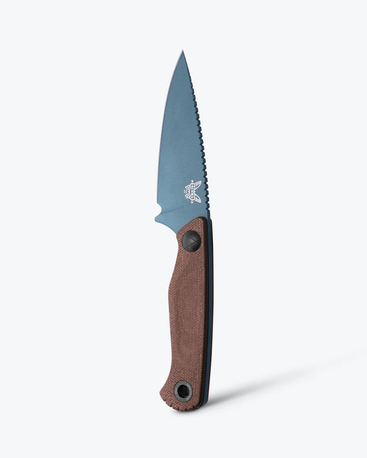 Benchmade Dacian 203BT-03 front view – 3.54″ CPM-MagnaCut spear point fixed blade, brown canvas micarta