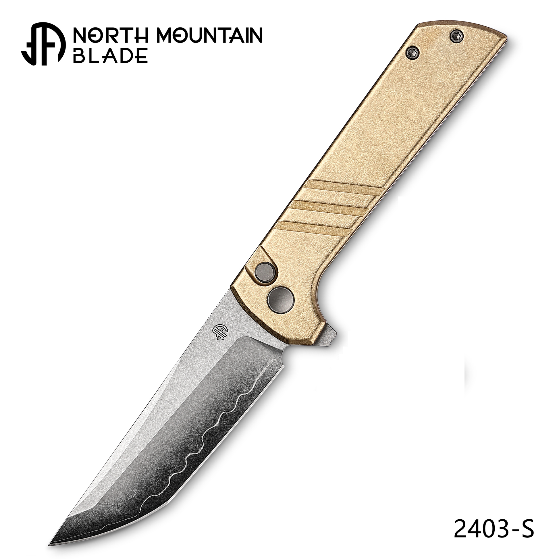 North Mountain Blade Chop 2 Stripe 2403-S front view – 3.5" SLD-Magic San Mai tanto folding knife