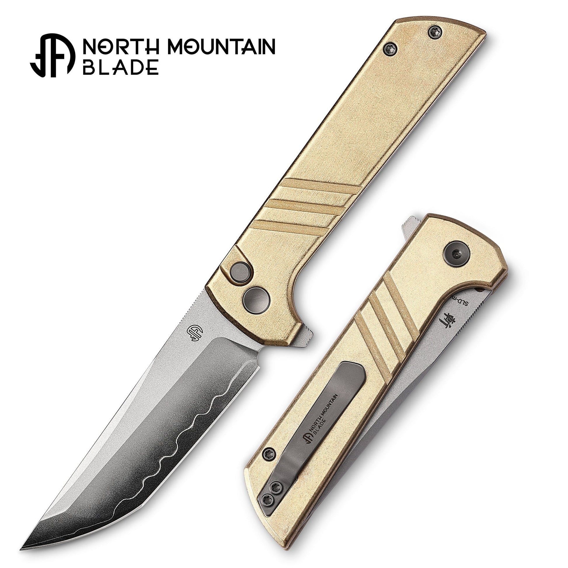 North Mountain Blade Chop 2 Stripe 2403-S open position showing SLD-Magic San Mai tanto blade
