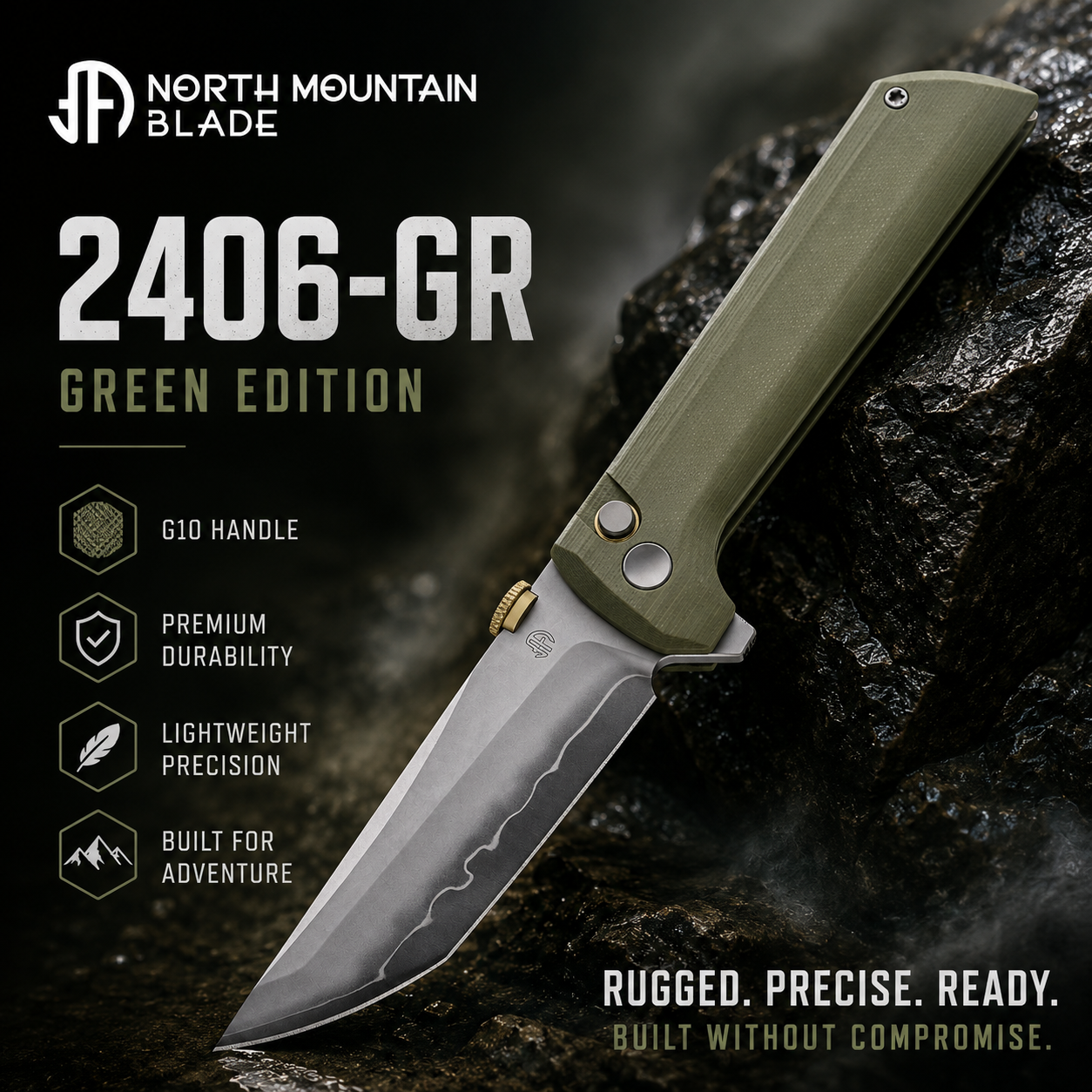 North Mountain Blade CHOP2 2406-GR front view - Green G10 folding knife