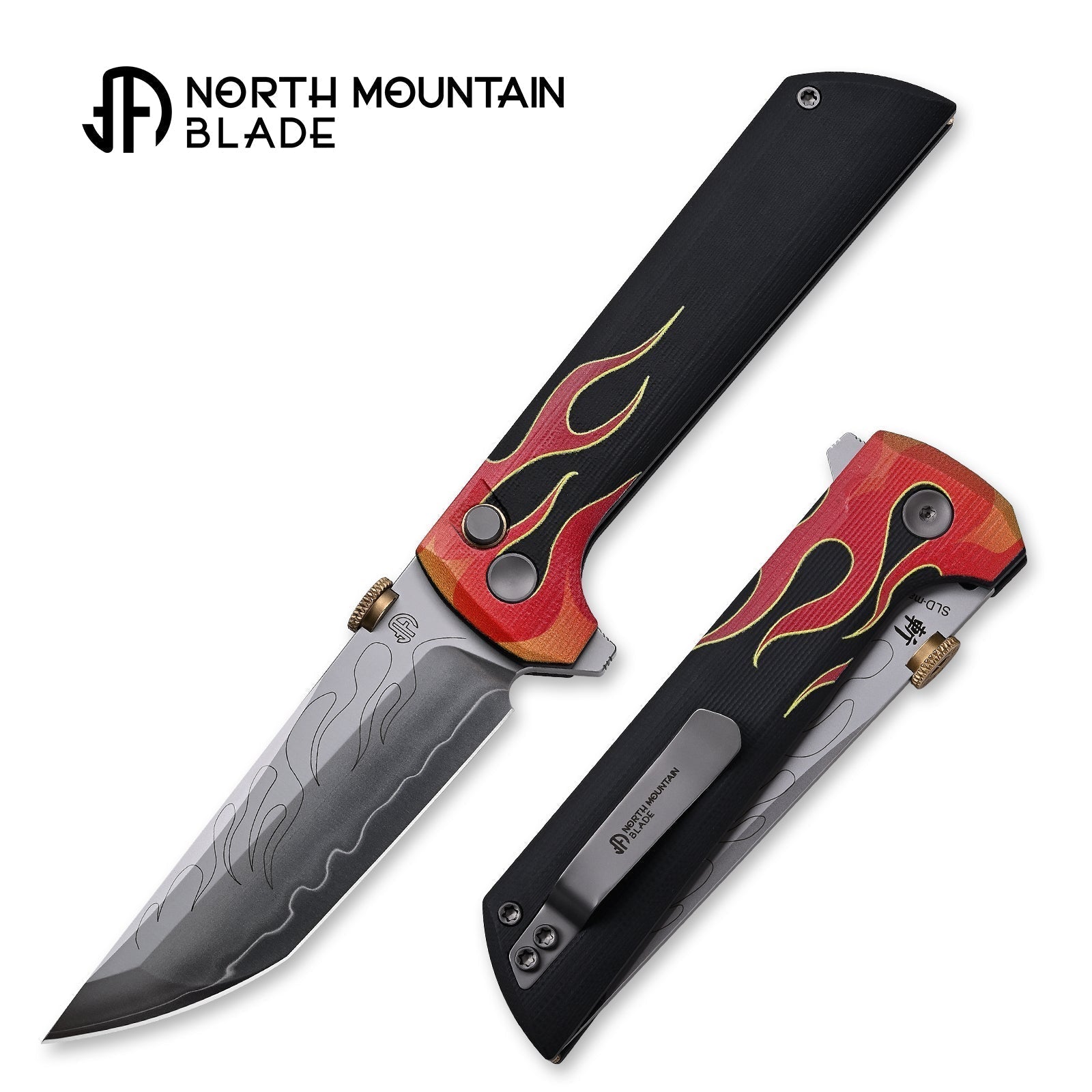 North Mountain Blade Chop 2 Hot Rod 2406-HotRod blade detail – satin SLD-Magic with laser-etched flames