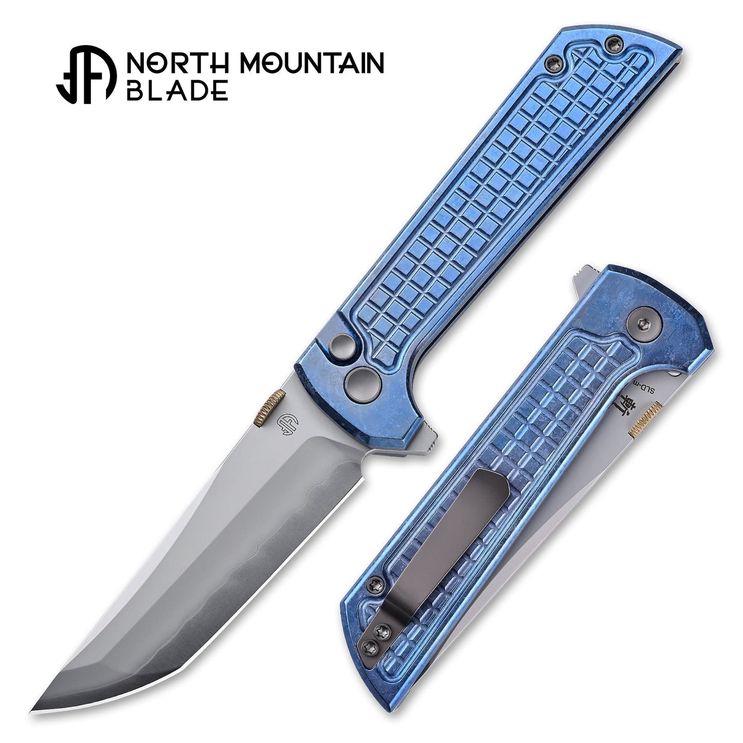 North Mountain Blade CHOP2 2406-ICE-G-BL ice-finish blue titanium grid handle detail