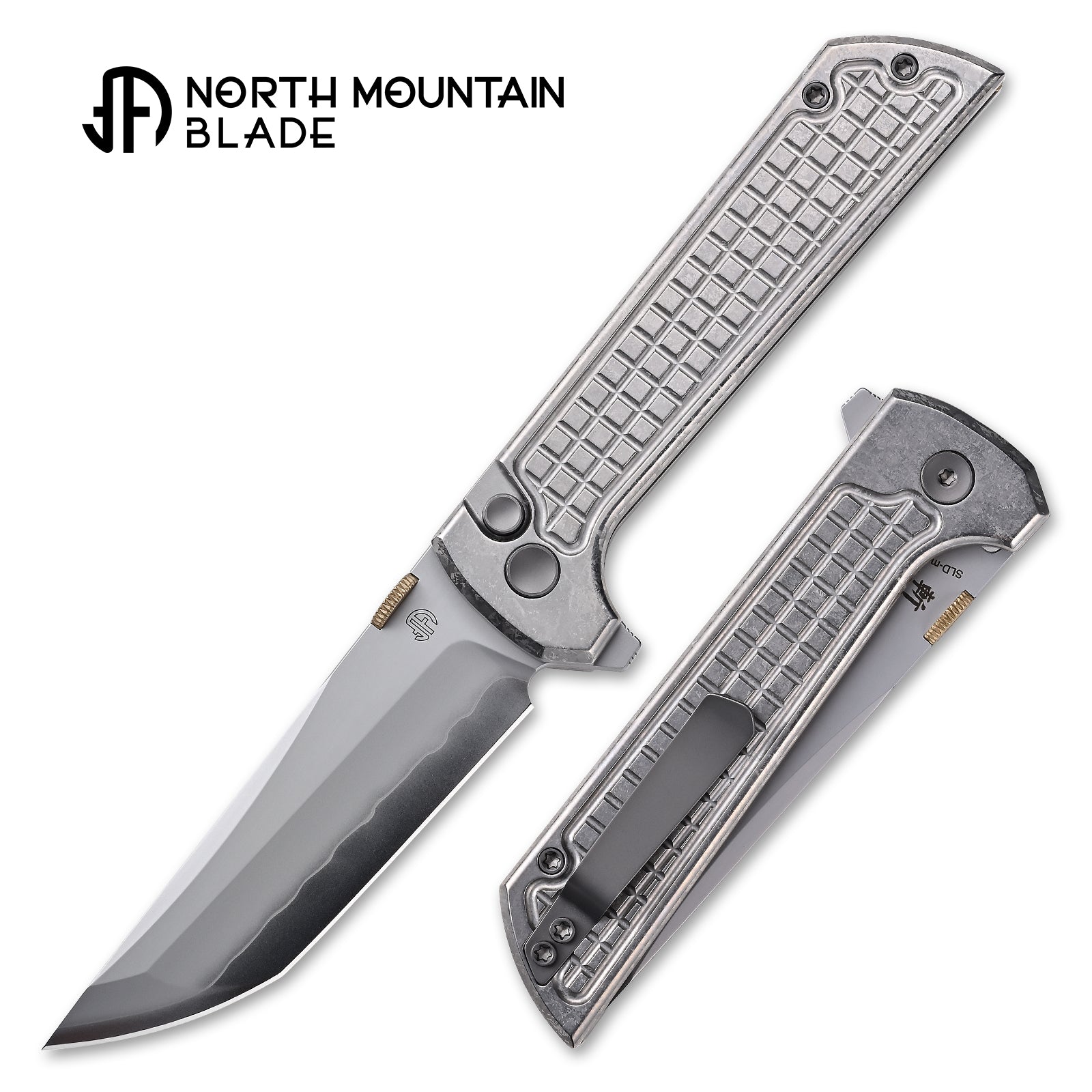 North Mountain Blade CHOP2 2406-ICE-G-SL ice-finish silver titanium grid handle detail