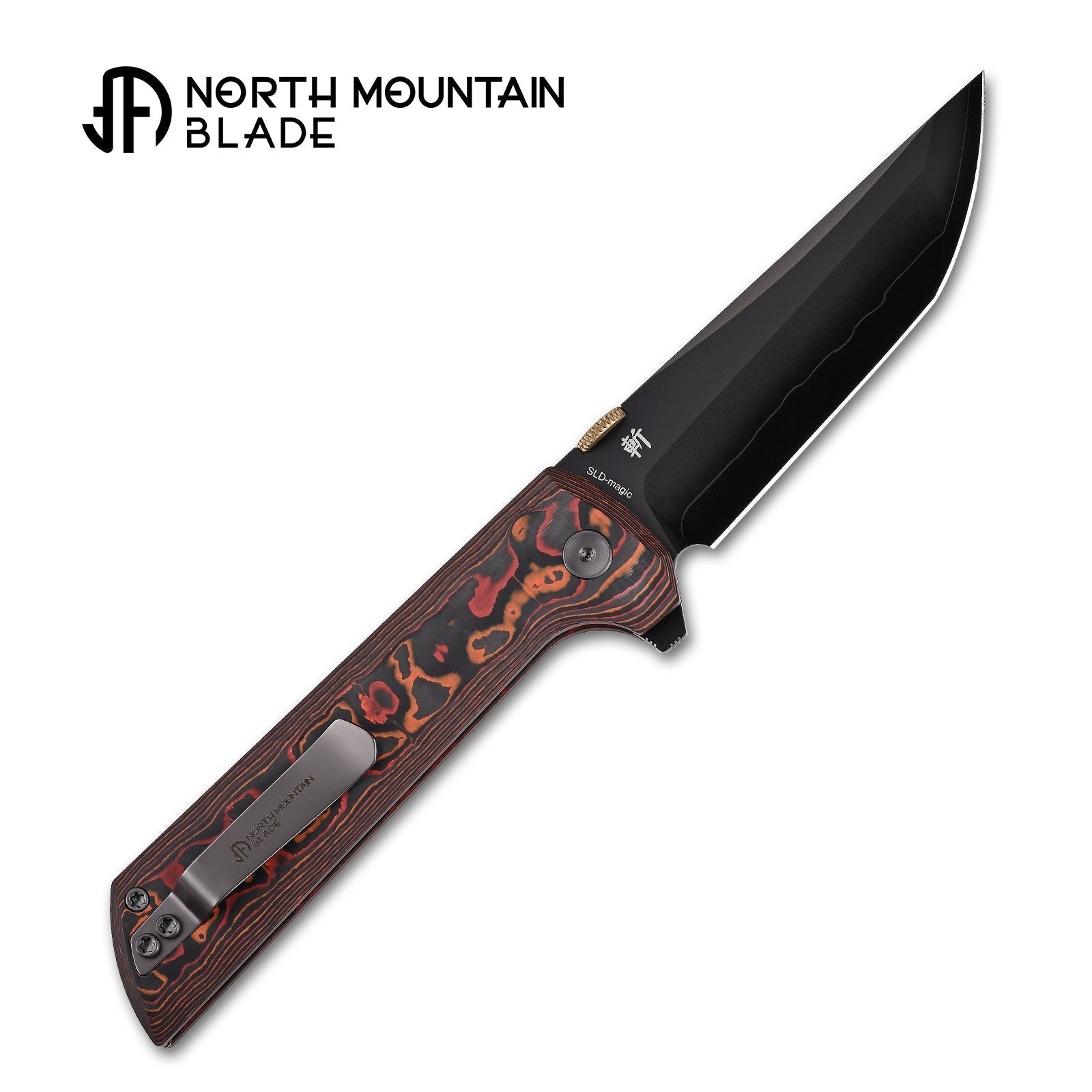North Mountain Blade 2406-ORCF-DLC open position showing DLC SLD-Magic tanto blade
